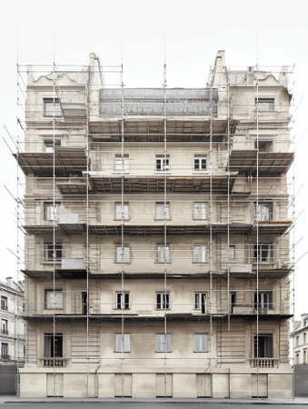 Deserted huge scaffolding on building restoration siteの素材
