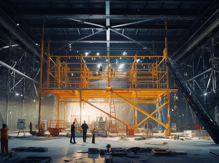 iron structures being built inside a large warehouseの素材