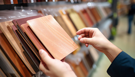 laminate. Flooring on shelves in a hardware store. materials and tools for construction and repair.の素材