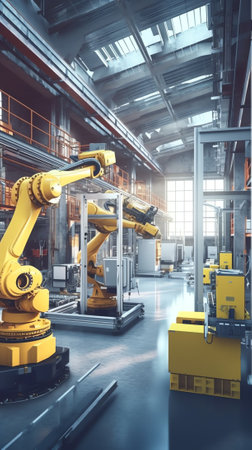 Industrial robotic arms with empty conveyor belt 3D renderingの素材