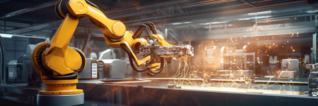 3d rendering robotic arms with empty conveyor beltの素材