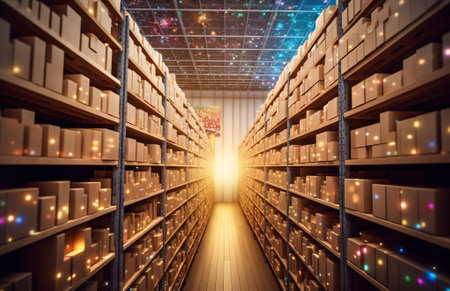 Rows of shelves with boxesの素材