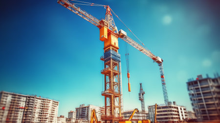 Empty construction yard with tower crane in backgroundの素材