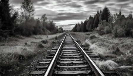 Typical railroad tracks going into the distance in black and white.の素材