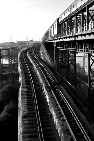 Typical railroad tracks going into the distance in black and white.の素材