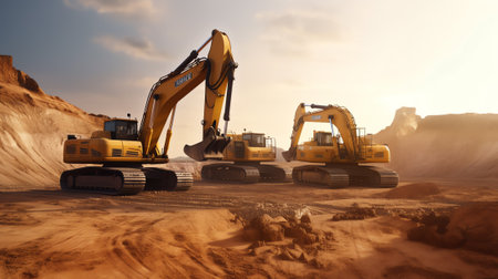 Orange excavator working at construction site in desert in Sinai peninsula, Egyptの素材
