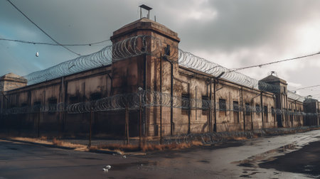 old factory  and  empty land behind fenceの素材