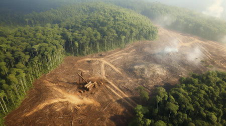 Deforestation: Environmental problem of rainforest destroyed to make way for oil palm plantationの素材