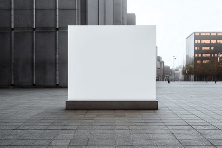 Blank information board on the border of the construction site with a new prefab  house among insulating materials and building equipment. Background for copy spaceの素材