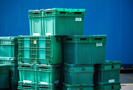 Empty blue plastic drums stacked outside warehouseの素材