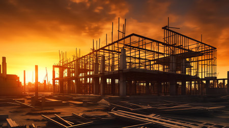 Structure of an abandoned building under construction, in a sunset with blue sky and a little cloudy.の素材