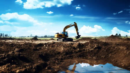 Empty reclamation, compact land and lake or water reservoir, red soil on construction site with blue sky. Land plot for sales and real estate development project concept backgroundの素材