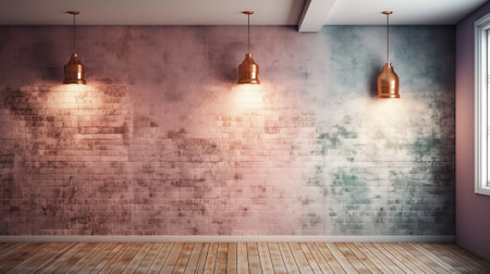 Hardware store office. Samples colored bricks. Brick wall interior. Sunlight from big windowの素材