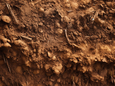 Soil on earth as texture and background. Warning or protective tape at a construction siteの素材