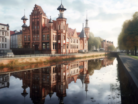old abandoned paper factory made from red brick on the river shore with beautiful reflectionの素材