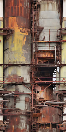 abandoned silo industrial site with Hazchem, No Smoking and Authorised Personnel Only warning signs on external doorの素材