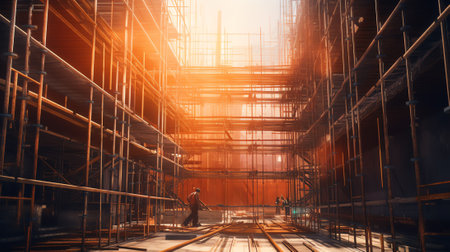 Closeup of scaffolding storage in the construction site. Scaffolding equipment for construction.の素材