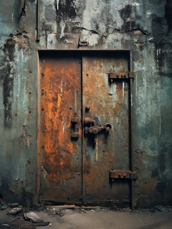 Old rusty metal doors. Doors of an old abandoned industrial building or hangar with rust spots, scratches, cracked, peeling, faded, peeling paint and rusty handles. Backgroundの素材