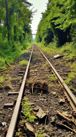 Railroad tracks through the green trees with minimal sky.  Countryside surrounding railroad tracks with rocky  rail bed and wooden cross beams.の素材