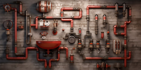 Tiled wall in a car wash garage. Sink for washing hands and rusty batteries. Water supply and sewerage system in the production area. No people. Copy space.の素材