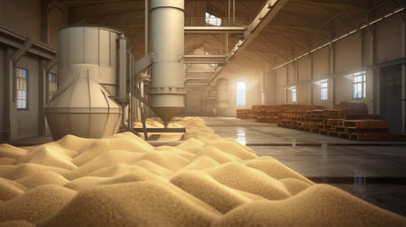 A huge metal construction warehouse. Grain dryer and threshing floor. Blurred-unrecognizable faces of people. Concept theme is the production of food and agricultural production.の素材