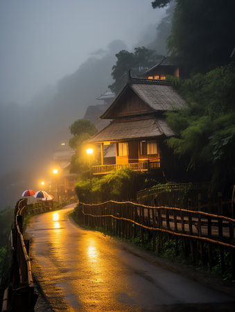 Foggy morning landscape in asiaの素材