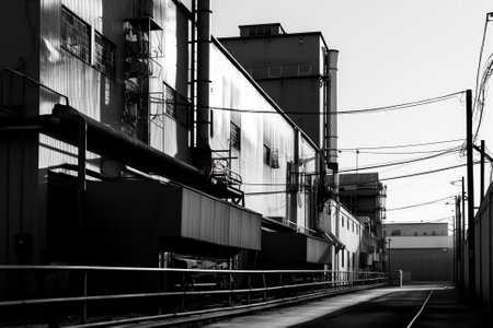 Black and white of Old factory buildings on blue sky backgroundの素材