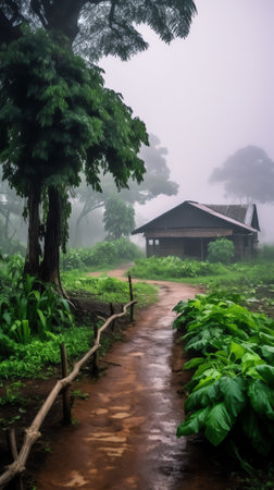 Foggy morning landscape in asiaの素材