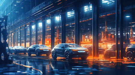Car bodies are on Assembly line. Factory for production of cars in blue. Modern automotive industry. Blue toneの素材