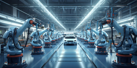 robot assembly line in car factory 3d render on greyの素材