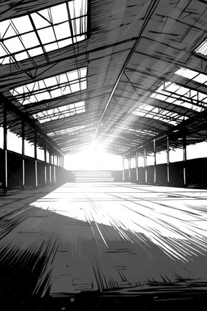 Warehouse with shafts of light pouring through roofの素材
