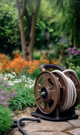 Old pink plastic barrel at the yard and the water hose around itの素材
