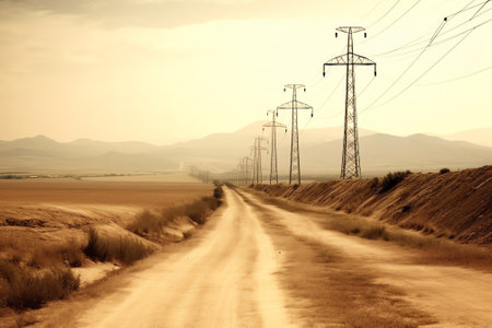A large sandy and rocky hill, with a power line in front on it, under a clear blue sky.  Image has copy space.の素材
