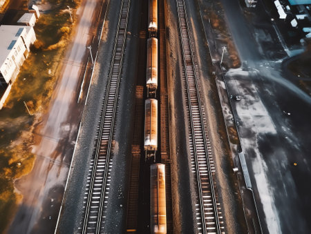 Empty railway wagons for cargo transportation top view. A place for storage, repair and maintenance of freight railcars. Logistics, transportation of bulk materials, coal, crushedの素材