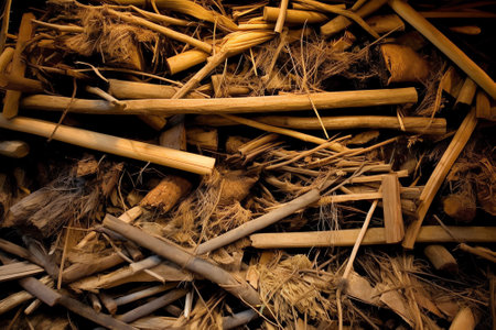 a ladder lying horizontally on the ground after long day of work . While constructing a building workers made an uneven ladder with two bamboo sticks, thrown away pieces of woods aの素材