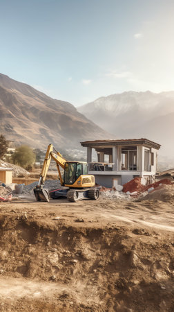 The bulldozer demolishes the house. Encroachment on private property. Illegal buildings and construction. Violation of building codes. Housing renovation. Renovation of an old realの素材