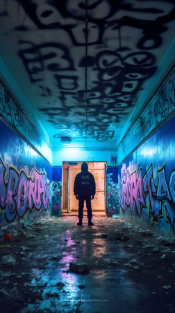 abandoned gym with cyrillic letters on the walls, hdr processingの素材