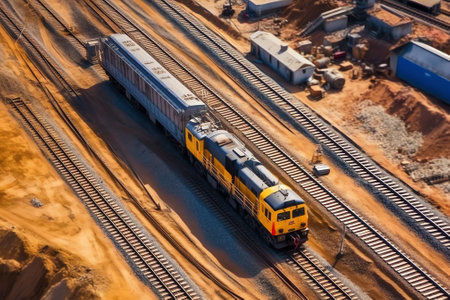 Empty railway wagons for cargo transportation top view. A place for storage, repair and maintenance of freight railcars. Logistics, transportation of bulk materials, coal, crushedの素材