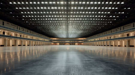 Panoramic view inside a spacious empty assembly hall (shop) in Russiaの素材