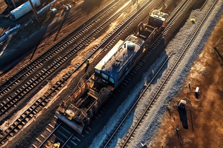 Empty railway wagons for cargo transportation top view. A place for storage, repair and maintenance of freight railcars. Logistics, transportation of bulk materials, coal, crushedの素材