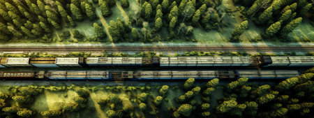 Empty railway wagons for cargo transportation top view. A place for storage, repair and maintenance of freight railcars. Logistics, transportation of bulk materials, coal, crushedの素材