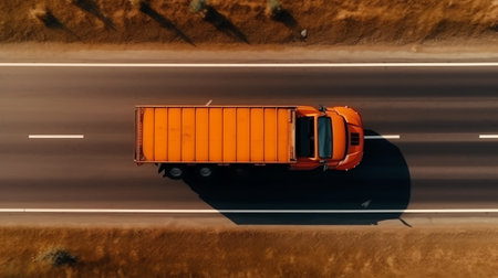 The empty orange truck. Road works flooring asphalt laying. Top view and a uniformed worker. Unloading of hot asphalt at a road construction site.の素材