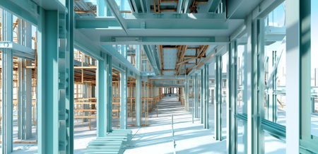 construction site with steel bars forming the frame of a new building iron modern blue indoorsの素材