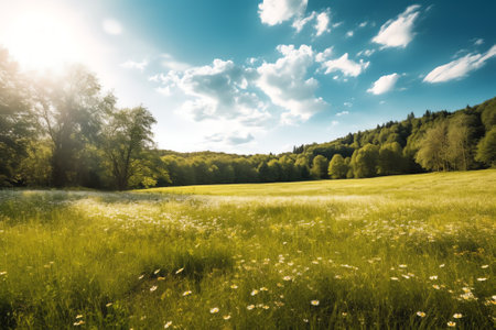 Meadow  in a forest and an industrial complex hidden behind trees on a sunny day in the italian countryside in springの素材