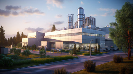 Territory of modern plant. Simple building plant outside view. District of city with industrial buildings. Two plant buildings with evening illumination. Cloudy sky over factory. 3の素材