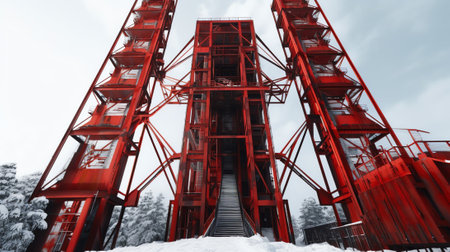 Steel structure. Architecture construction. Abstract Background. ruined and abandoned ski jump in ghost town, selective focus, deindustrialization, crisis, catastrophe concept.Eartの素材