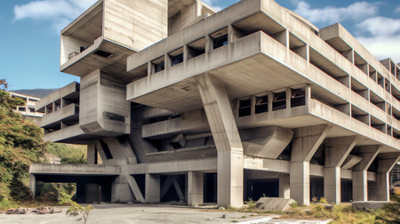 Abandoned construction of a large concrete building. Stopped construction of an office building due to lack of fundingの素材