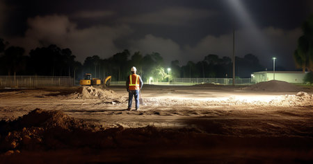 Empty illuminated construction site at nightの素材