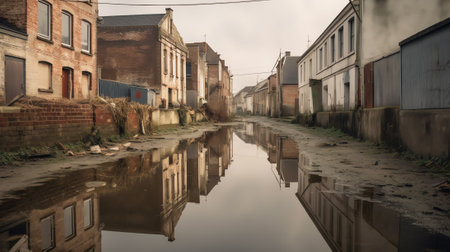 old abandoned paper factory made from red brick on the river shore with beautiful reflectionの素材