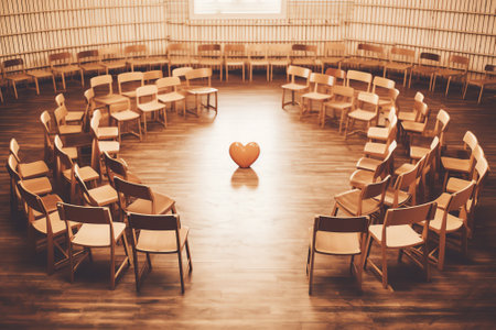 Empty chairs in the assembly hall are arranged in rows, top viewの素材